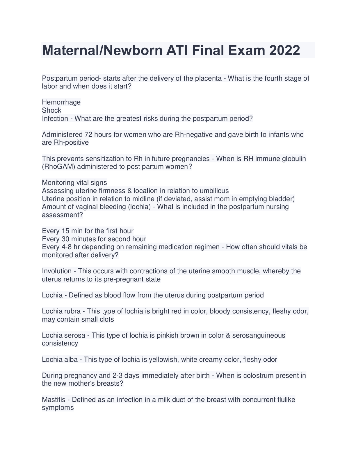 Preview image of Maternal/Newborn ATI Final Exam 2022 document